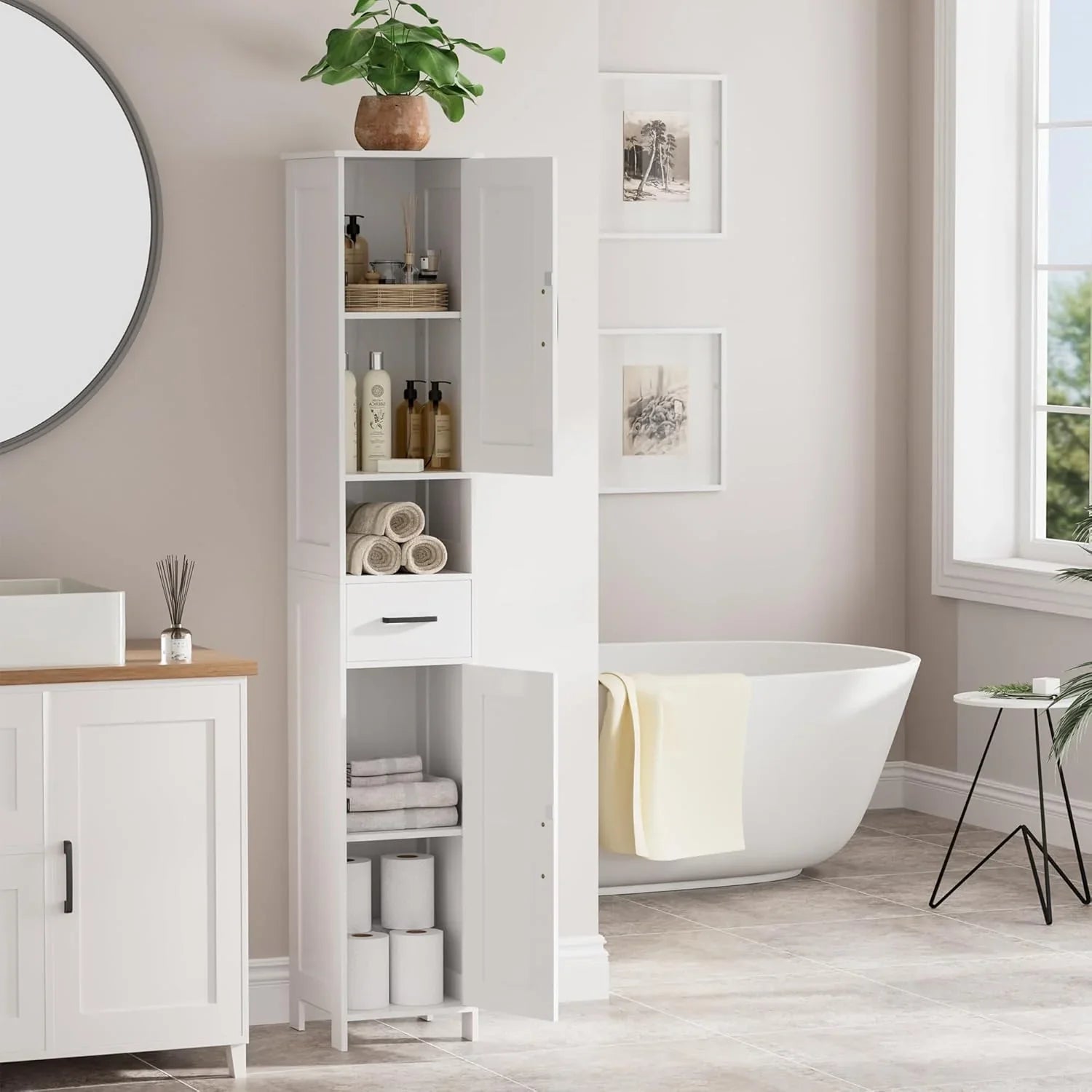 Meuble de rangement de salle de bain Homhedy de 67 po de hauteur avec 2 portes de grange et 1 tiroir