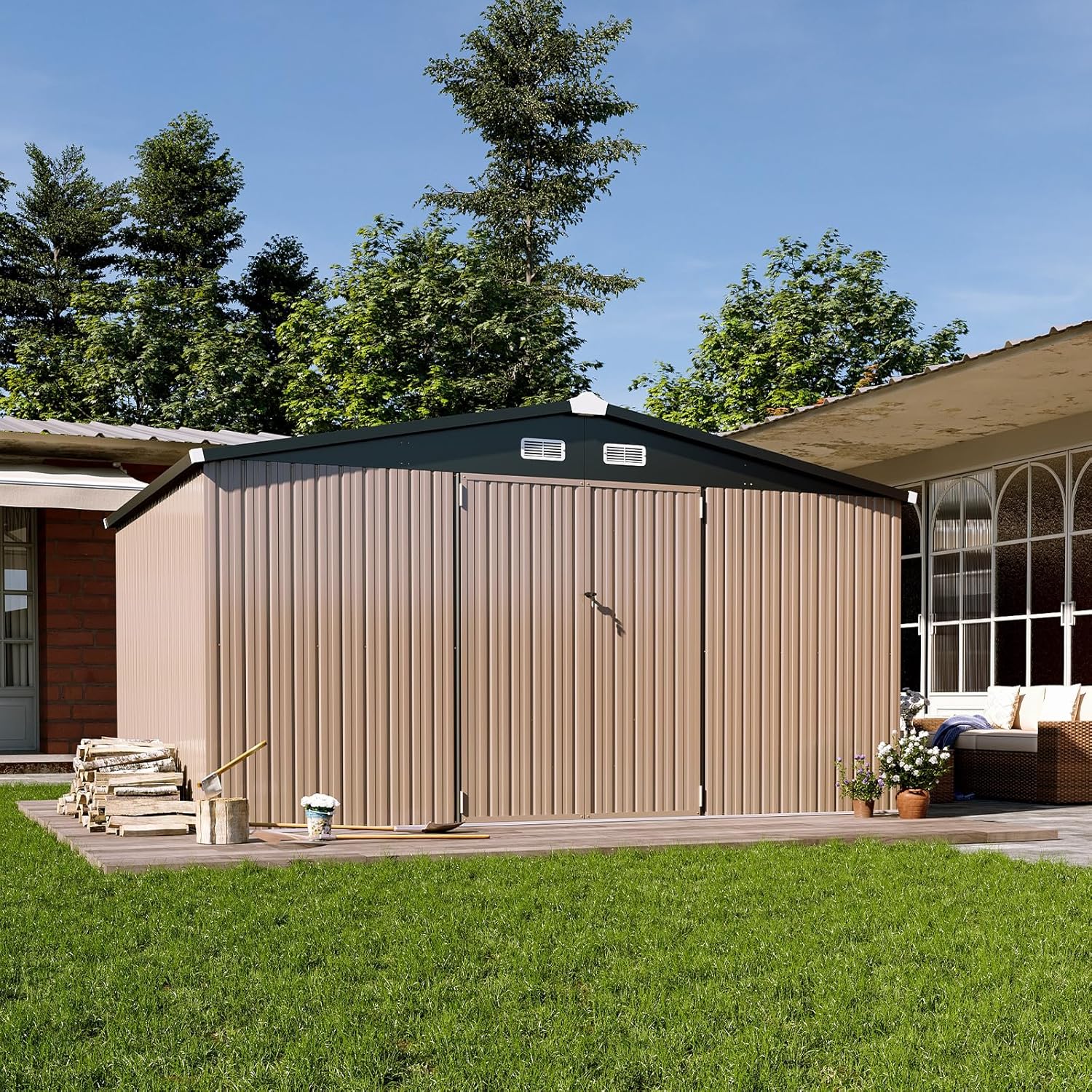 Abri de jardin en métal Aoxun 3,6 x 3 m, abri de jardin extérieur étanche, abri de jardin multifonctionnel en acier avec porte et serrure