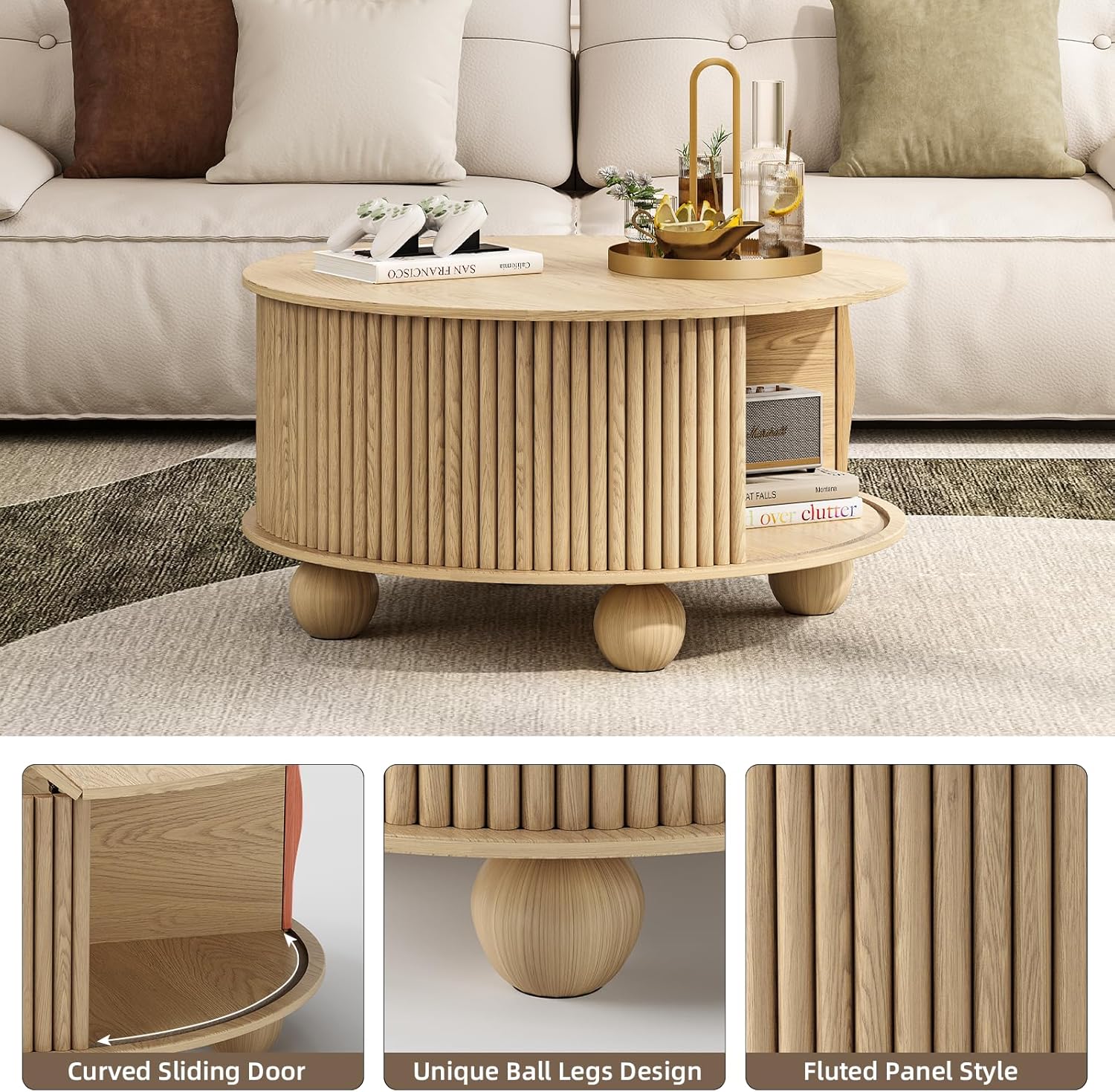 Table basse ronde avec rangement, table centrale encastrée avec portes coulissantes