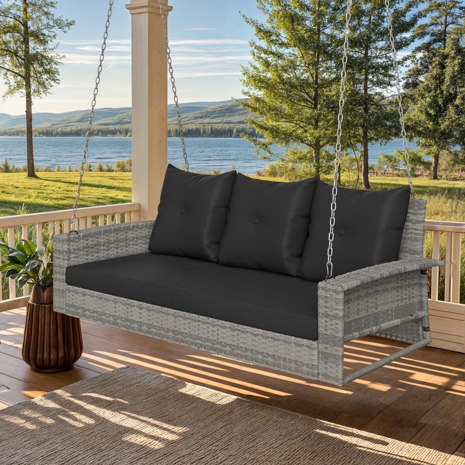 YITAHOME Balancelle suspendue pour porche, 3 places, banc d'extérieur en osier