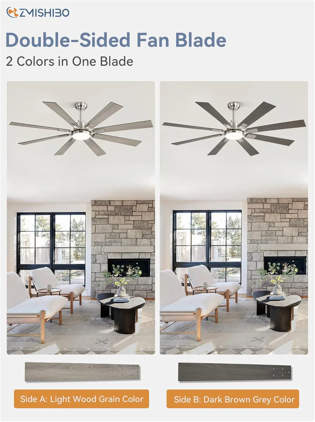 Grand ventilateur de plafond Zmishibo de 72 pouces avec éclairage et télécommande intérieur/extérieur