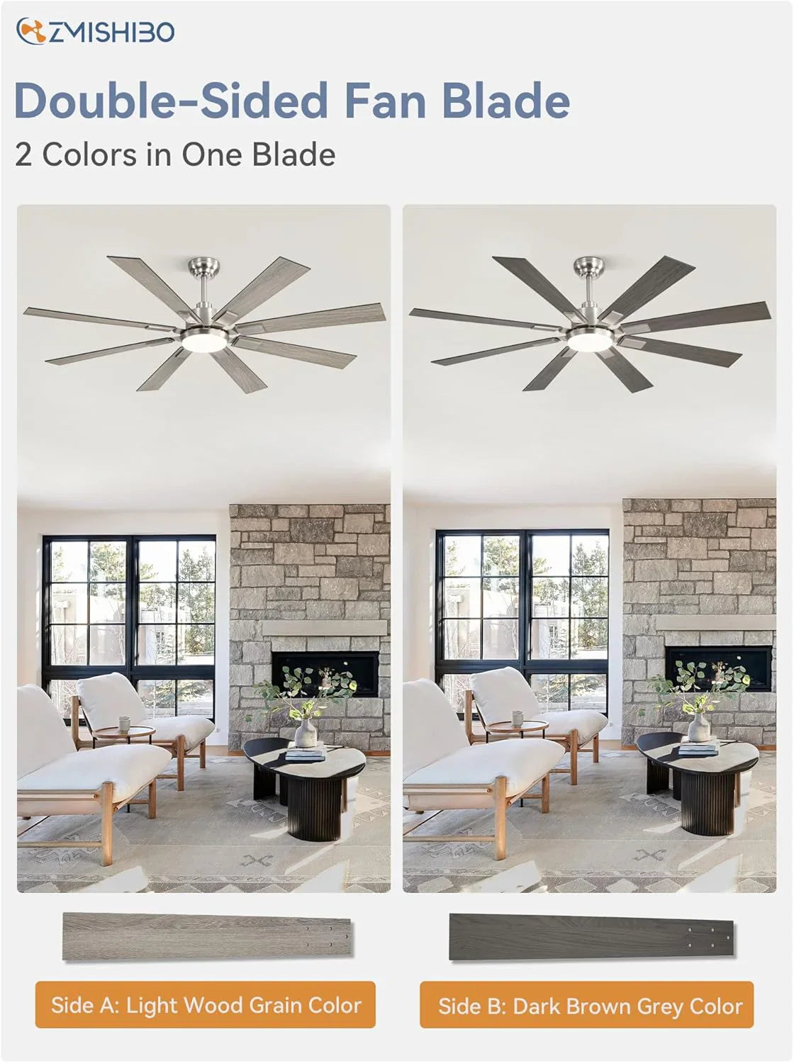 Grand ventilateur de plafond Zmishibo de 72 pouces avec éclairage et télécommande intérieur/extérieur