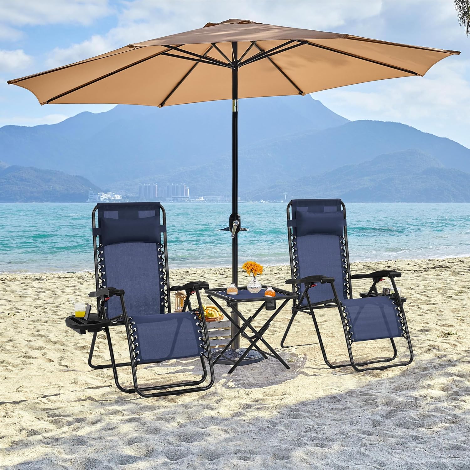 Ensemble de 3 chaises inclinables portables d'extérieur à gravité zéro avec table d'appoint et chaises longues pliantes