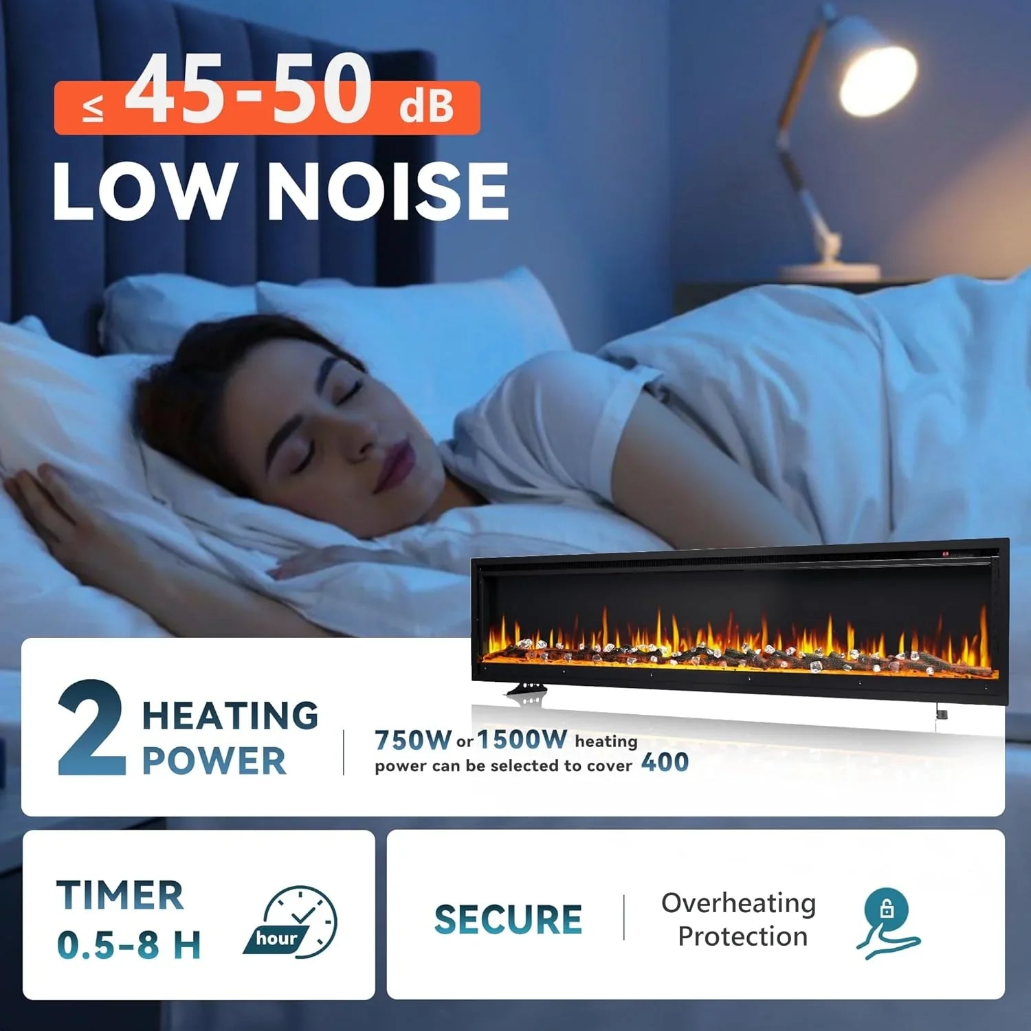 EUHOMY Cheminée électrique encastrée et murale de 50 pouces avec couleur de flamme réglable, chauffage de cheminée avec télécommande, cheminée linéaire avec minuterie, écran tactile, bûche et cristal, 750/1500 W