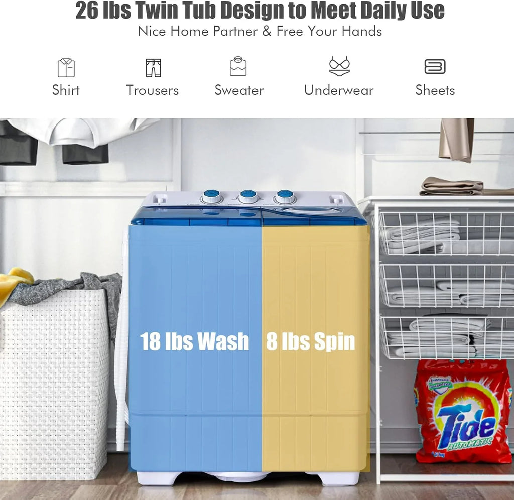 Machine à laver à double cuve Costway, capacité de 26 lb, 18 lb, petite machine à laver portable de 8 lb