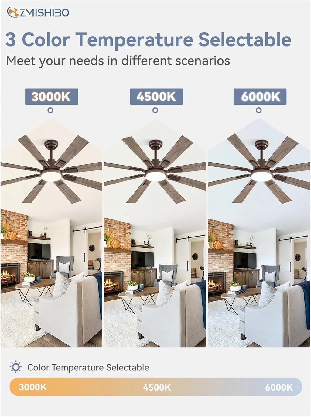 Grand ventilateur de plafond Zmishibo de 72 pouces avec éclairage et télécommande intérieur/extérieur