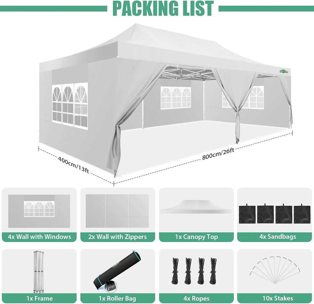 Tente pop-up robuste COBIZI 10x20 avec 6 parois latérales, facile à installer