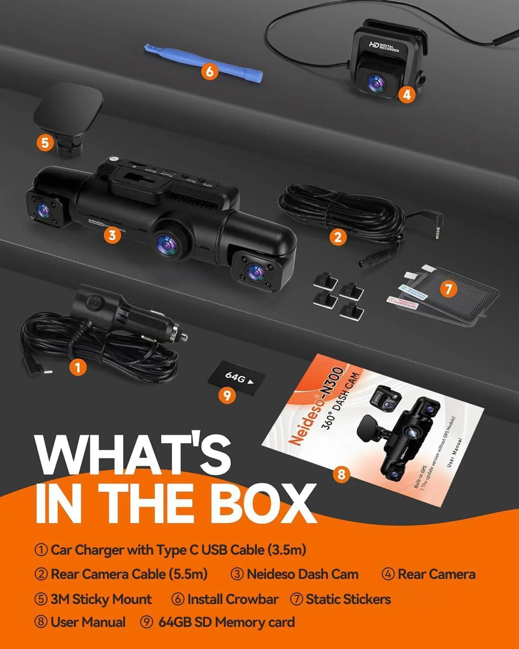 Caméra embarquée 360° 4 canaux FHD 4 x 1080p Wi-Fi GPS Commande vocale, caméra embarquée frontale 2K + 1080p x 2, avec carte SD 64 Go, vision nocturne, mode stationnement 24h/24