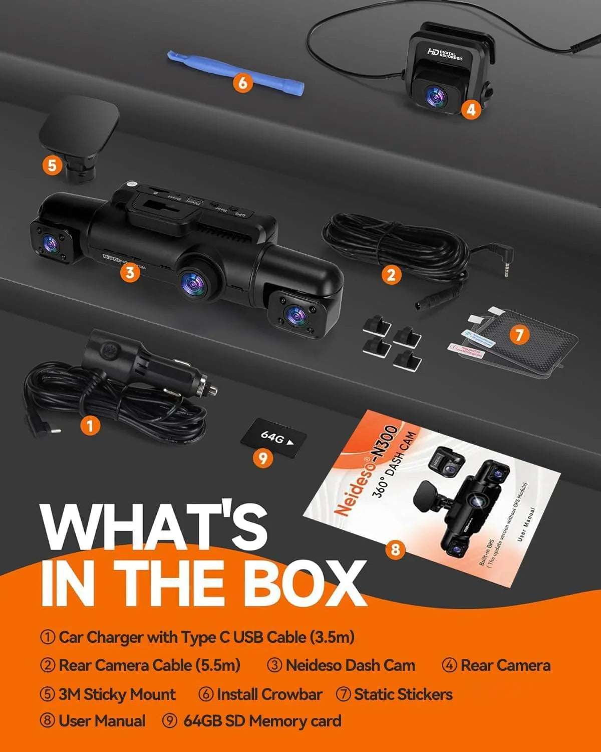 Caméra embarquée 360° 4 canaux FHD 4 x 1080p Wi-Fi GPS Commande vocale, caméra embarquée frontale 2K + 1080p x 2, avec carte SD 64 Go, vision nocturne, mode stationnement 24h/24