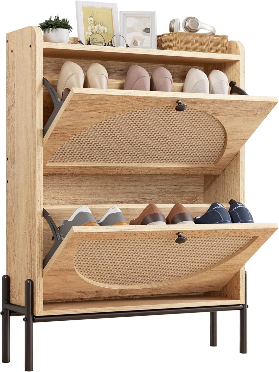 Meuble à chaussures IRONCK avec 2 tiroirs rabattables, meuble de rangement à chaussures indépendant en bois