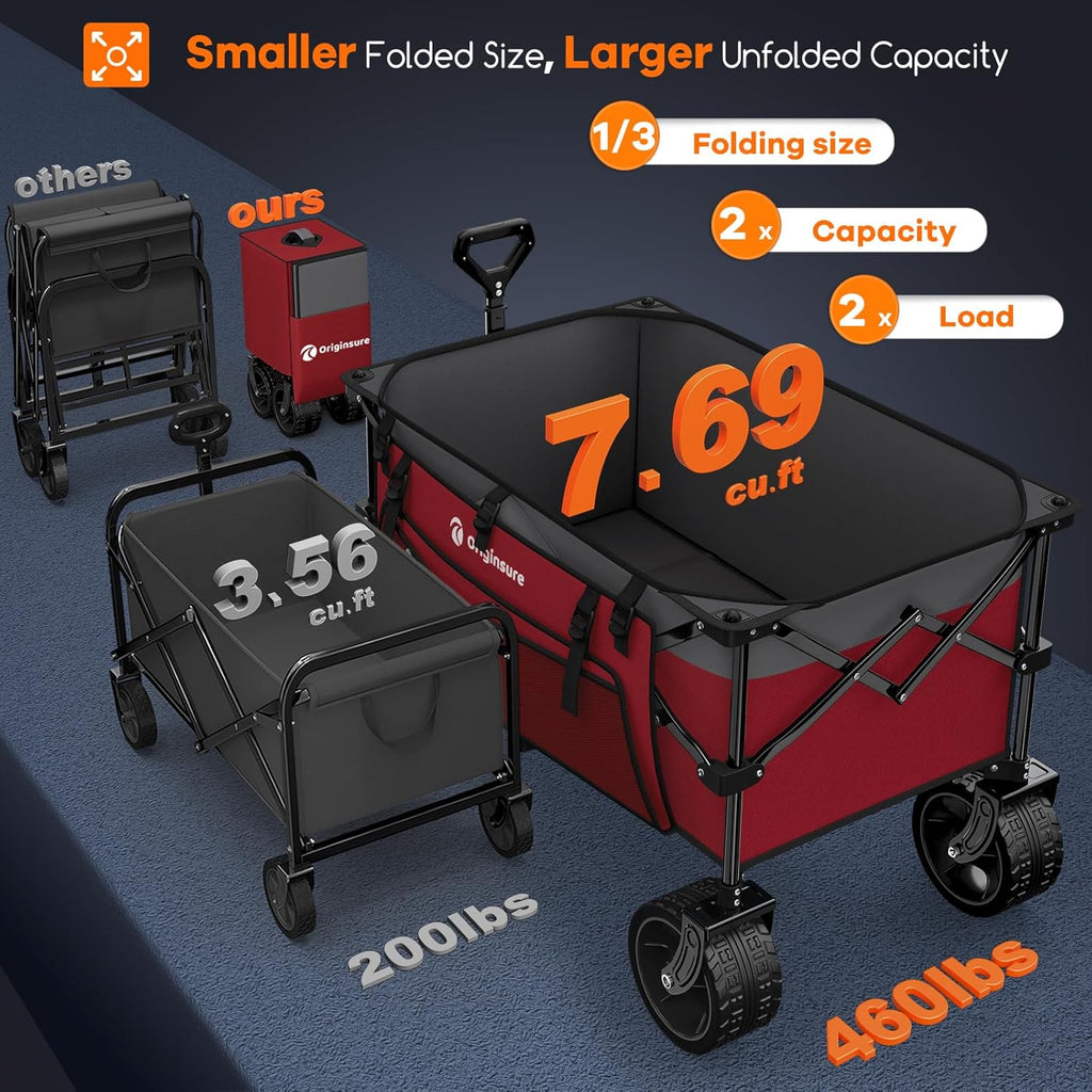 Poussette pliable à quatre roues de 96 cm de long, pliable, capacité de 200 kg, poussette de plage pliable robuste de 220 litres avec de grands pneus tout-terrain