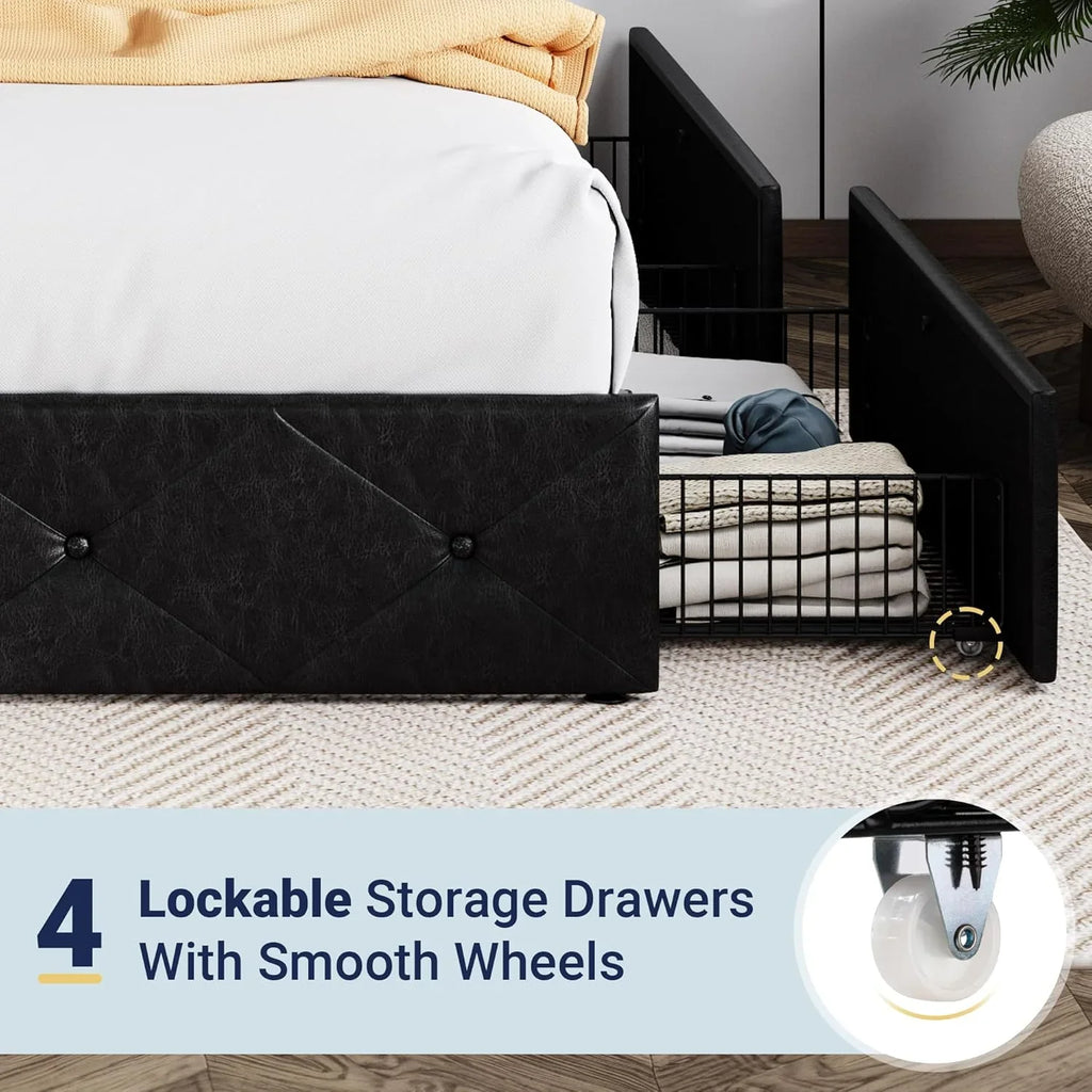 Cadre de lit plateforme Allewie rembourré Queen Size avec 4 tiroirs de rangement et tête de lit, capitonné à boutons à coutures carrées, sommier à lattes en bois, pas besoin de sommier.