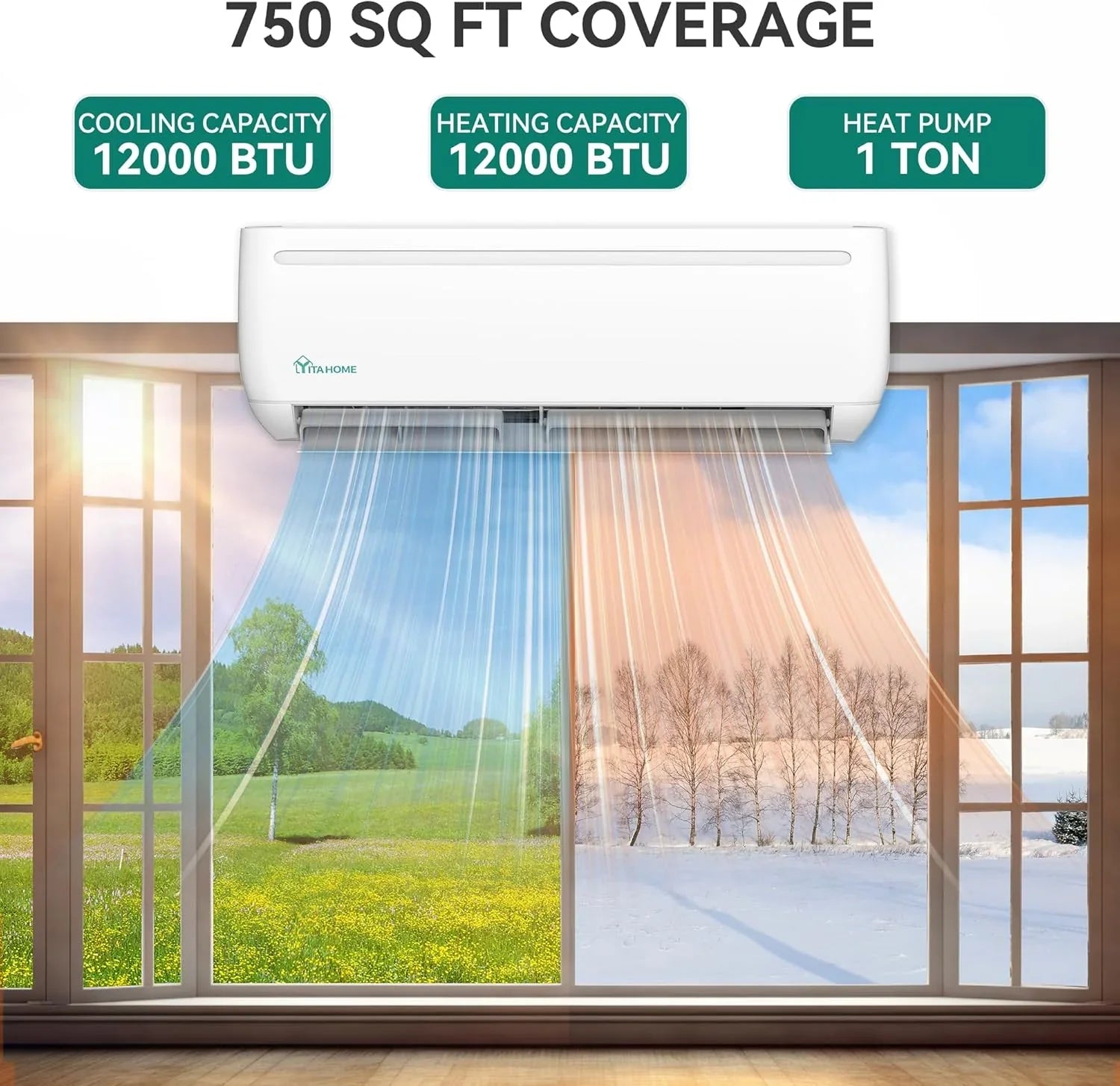 Climatiseur mini-split de 12 000 BTU avec pompe à chaleur, Wi-Fi, 20 SEER2, 115 V, sans conduit, refroidissement jusqu'à 750 pi².