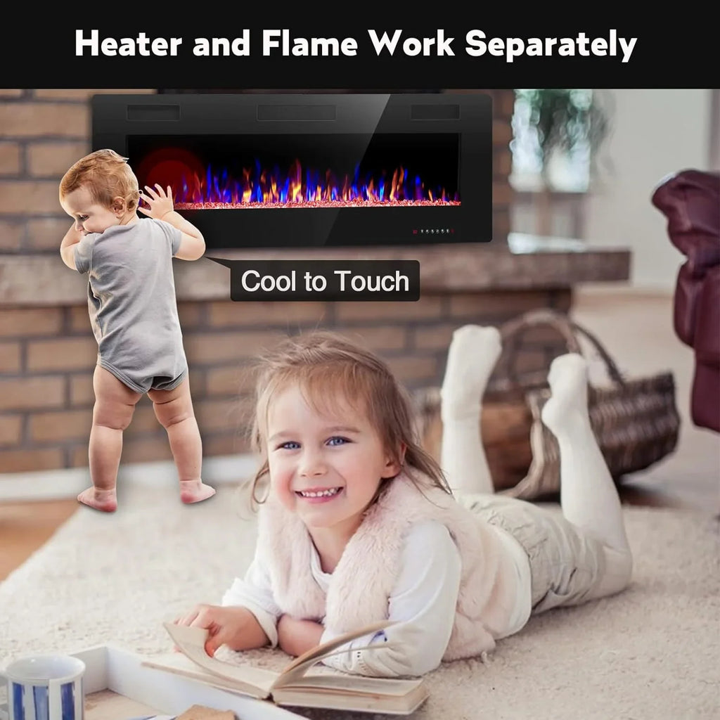 Cheminée électrique encastrée et murale R.W.FLAME 60 po, silencieuse, compatible avec les montants de 2 x 6 po, télécommande avec minuterie, écran tactile, couleur et vitesse de flamme réglables, 750-1500 W