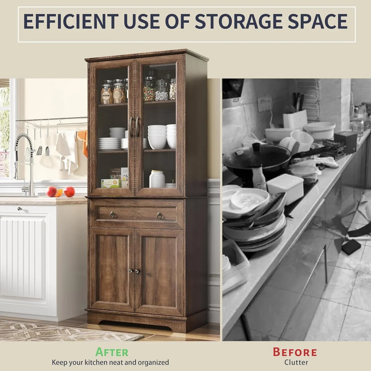 Armoire de garde-manger de 180 cm de haut avec portes vitrées