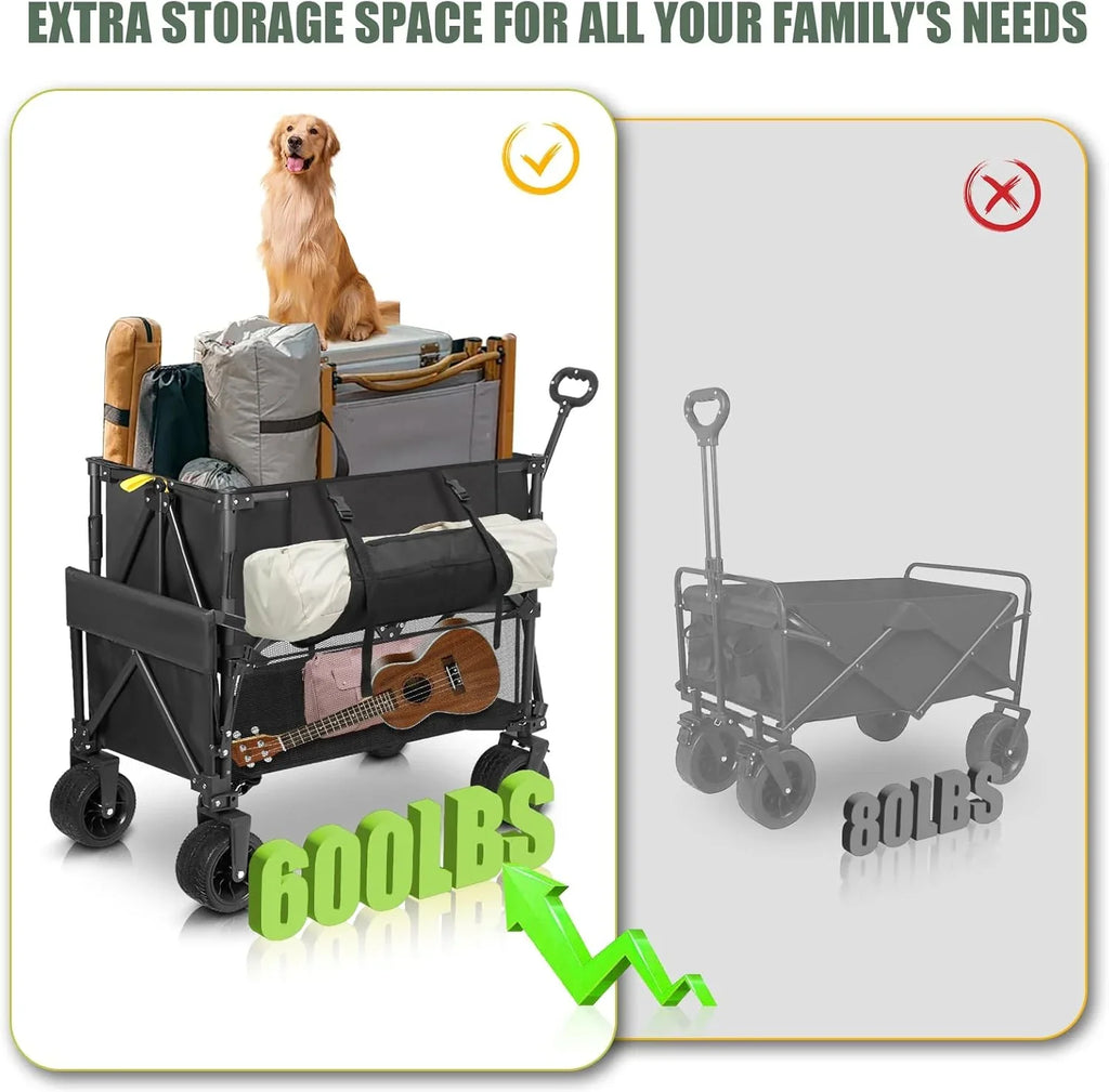 Chariot utilitaire pliable à deux étages, robuste, capacité de 600 lb, capacité de 400 l, avec grandes roues