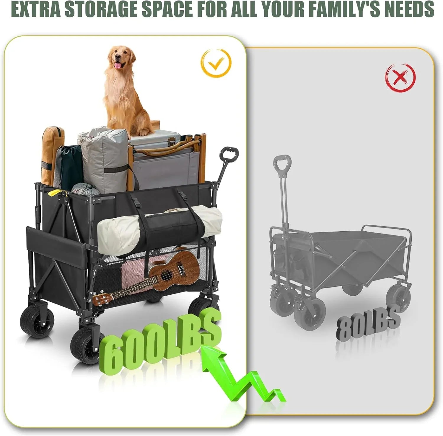 Chariot utilitaire pliable à deux étages, robuste, capacité de 600 lb, capacité de 400 l, avec grandes roues