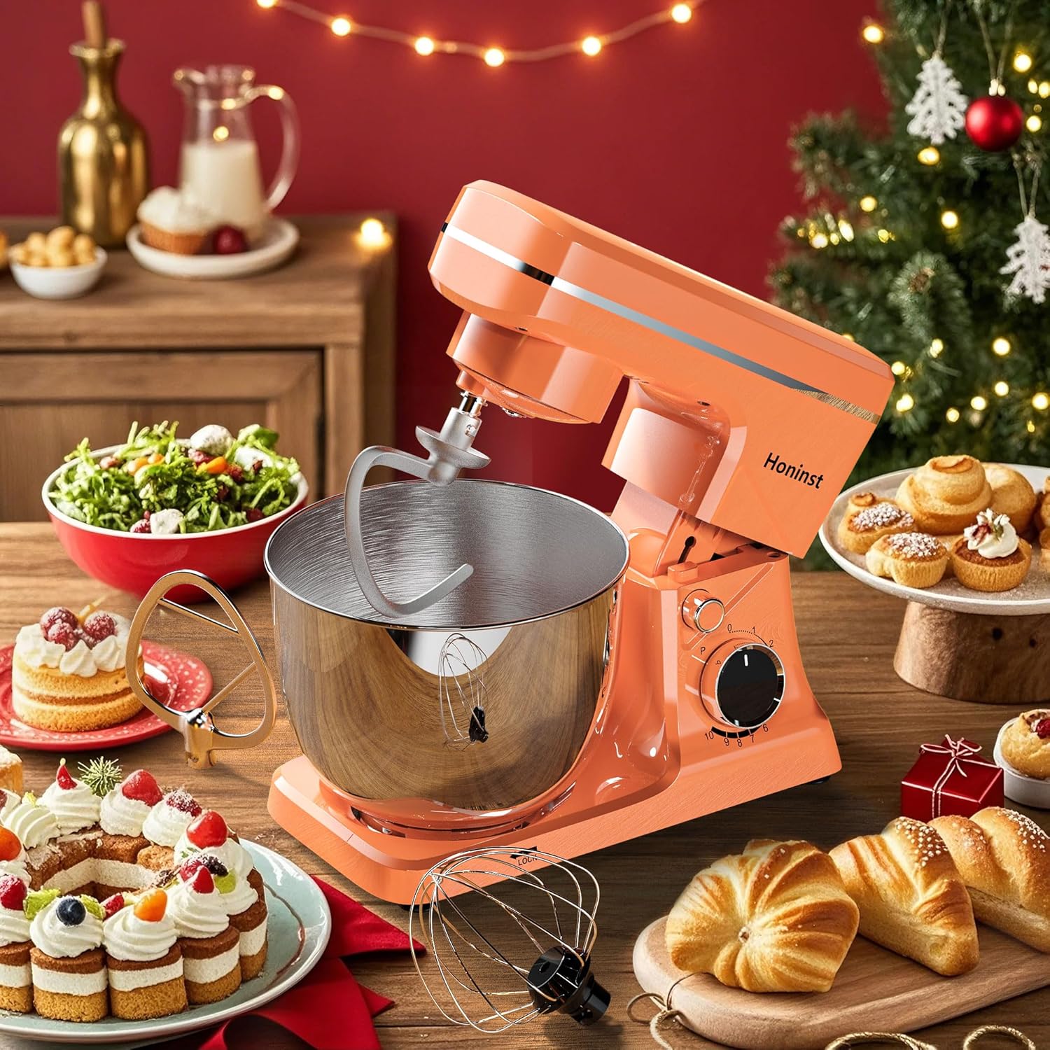 Batteur sur socle 10 vitesses avec protection anti-éclaboussures 8 en 1, tête inclinable, bol en acier inoxydable de 6 litres + crochet pétrisseur/fouet/mixeur/grattoir lavable au lave-vaisselle