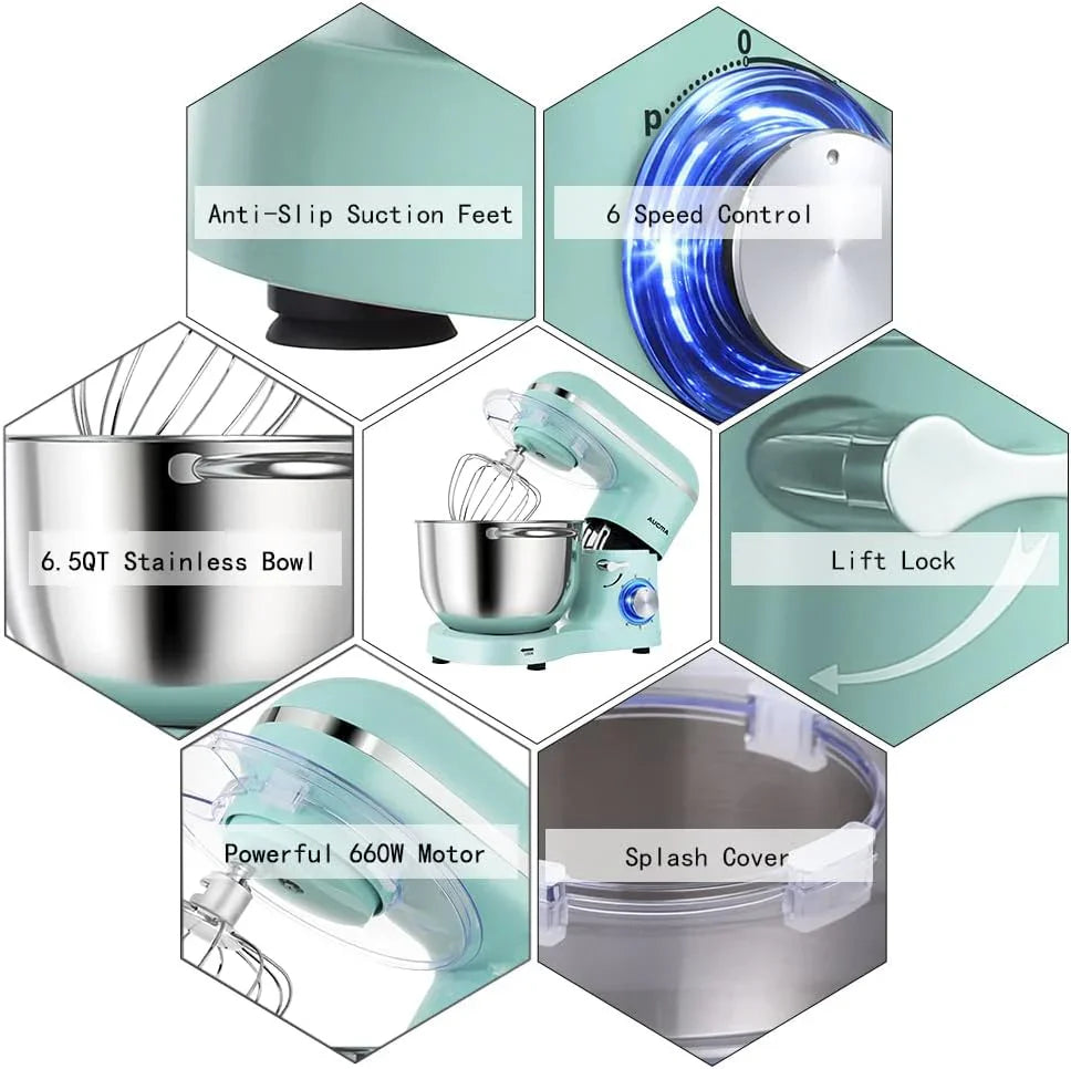 Batteur sur socle Aucma, 6,5 pintes, 660 W, 6 vitesses, tête inclinable, batteur électrique de cuisine avec crochet pétrisseur