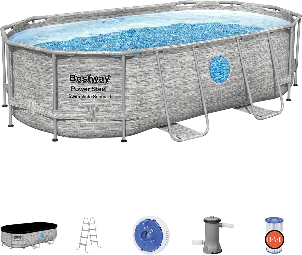 Piscine hors sol ovale Power Steel 4,3 m x 2,4 m x 100 cm | Comprend une pompe de filtration de 2070 litres, une échelle et un distributeur ChemConnect.