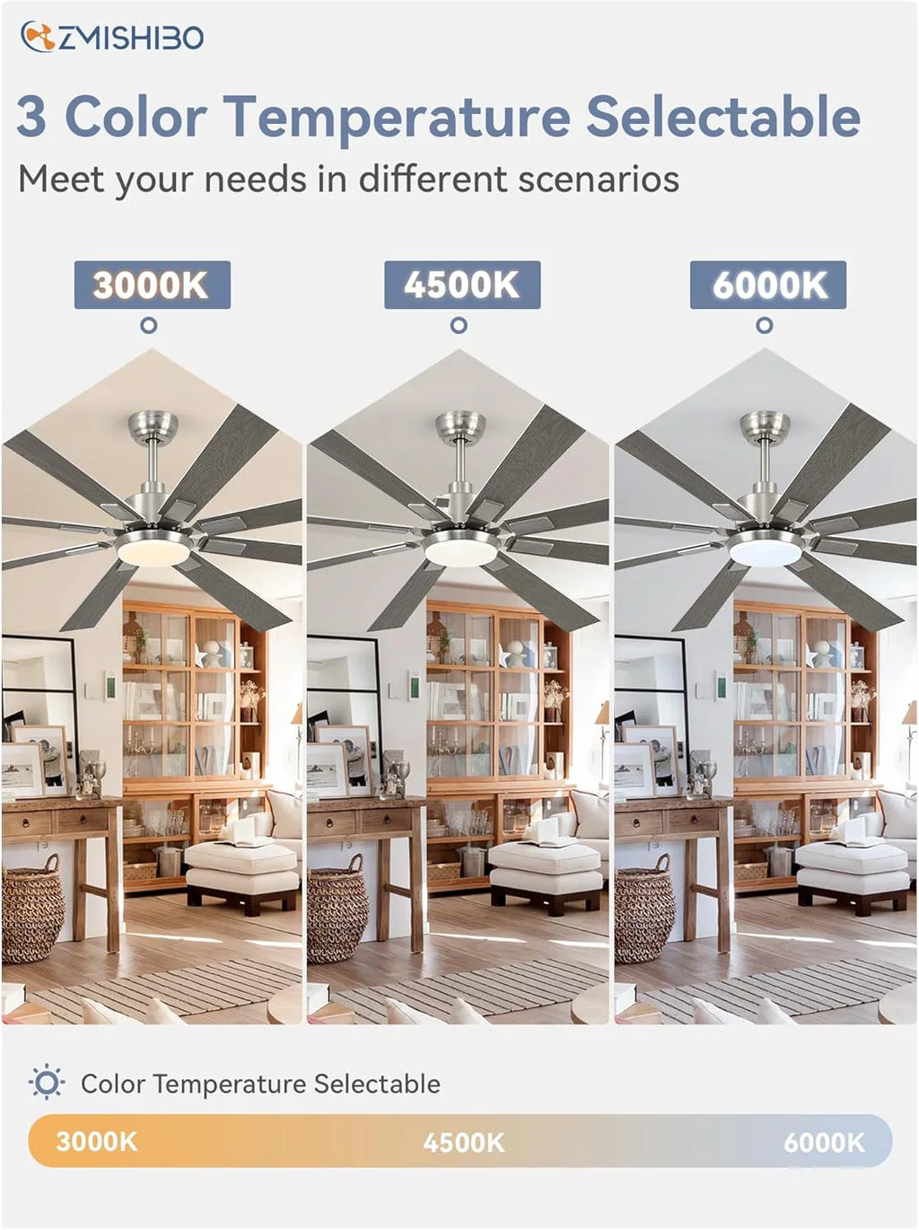 Grand ventilateur de plafond Zmishibo de 72 pouces avec éclairage et télécommande intérieur/extérieur