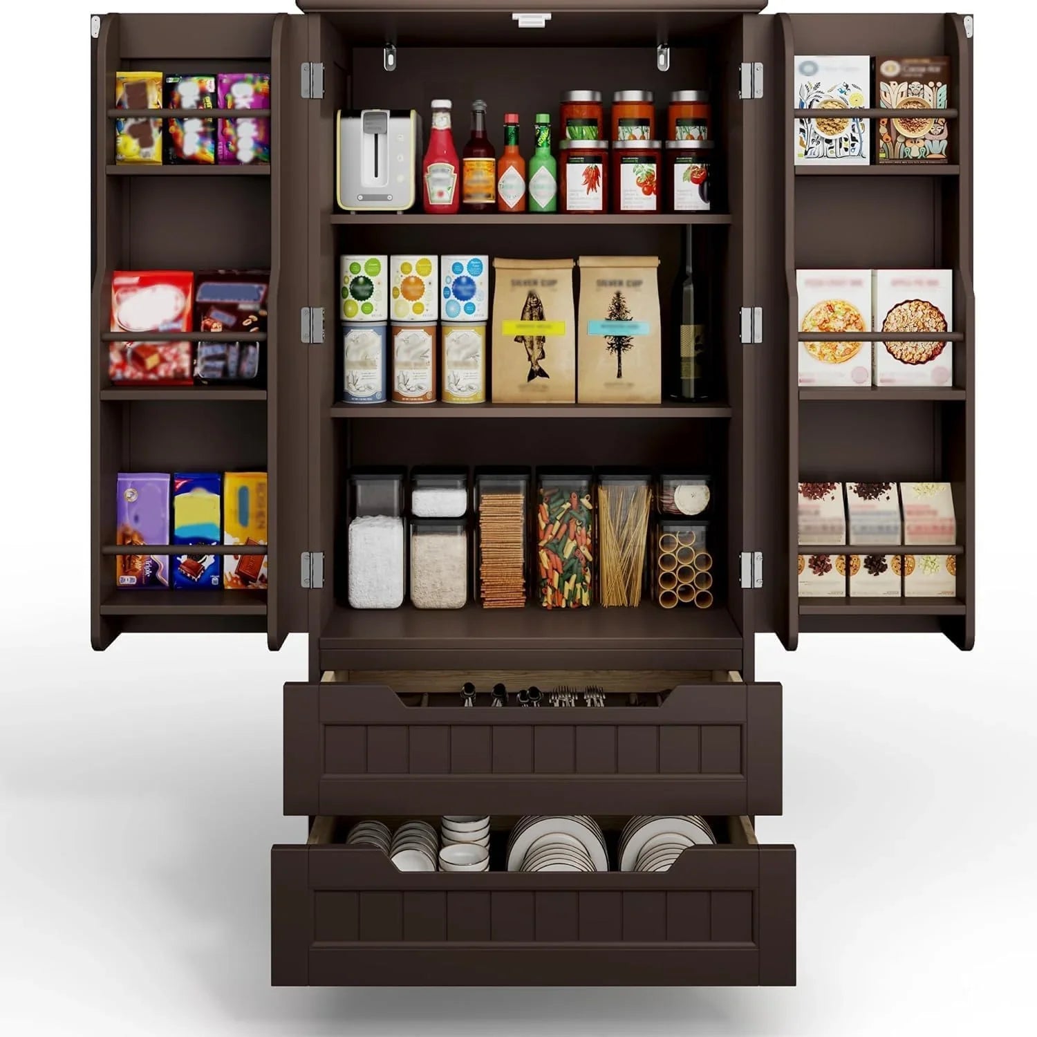 Armoire de rangement de cuisine Gizoon avec tiroirs, armoire de rangement de salle de bain autonome avec portes et étagères, petite armoire de garde-manger de 47 pouces