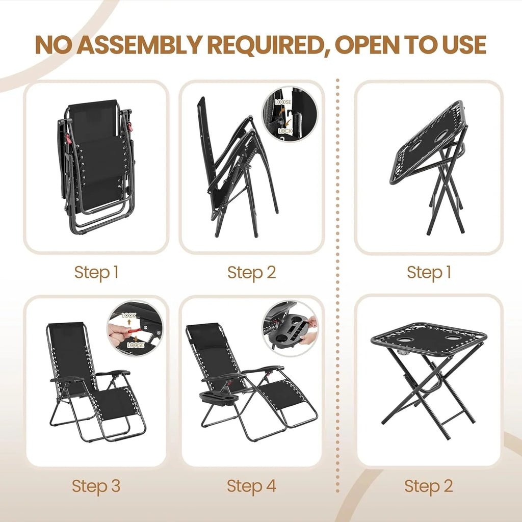 Ensemble de 3 chaises inclinables portables d'extérieur à gravité zéro avec table d'appoint et chaises longues pliantes