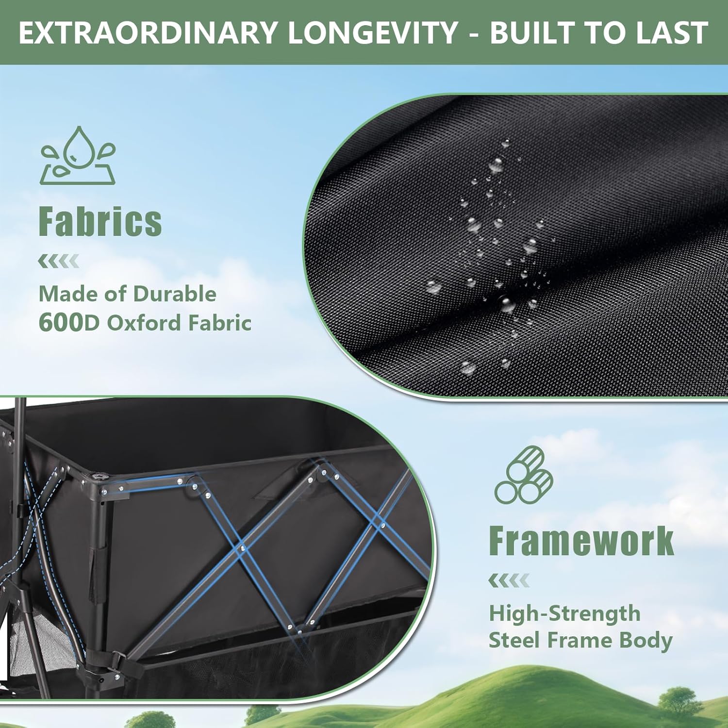 Chariot utilitaire pliable à deux étages, robuste, capacité de 600 lb, capacité de 400 l, avec grandes roues