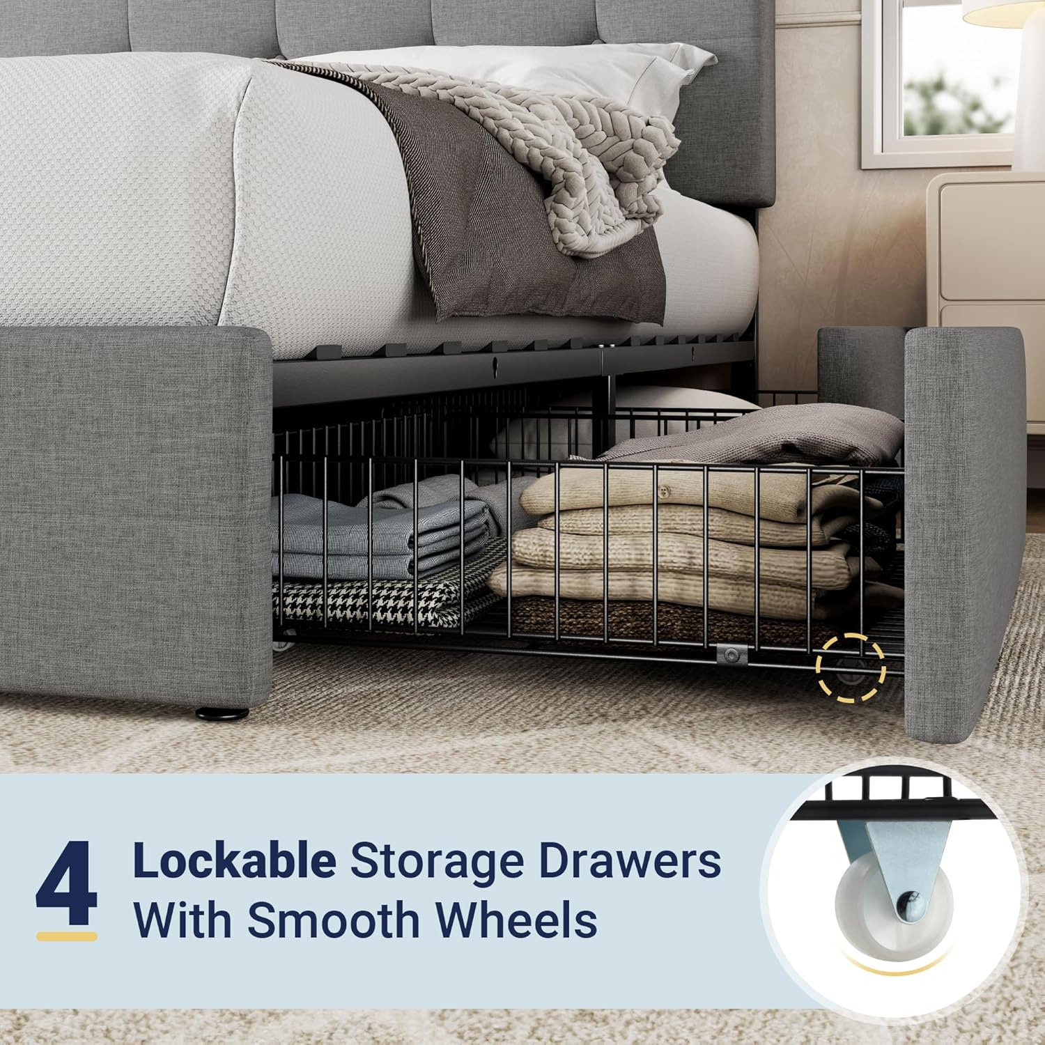 Cadre de lit plateforme Allewie rembourré Queen Size avec 4 tiroirs de rangement et tête de lit, capitonné à boutons à coutures carrées, sommier à lattes en bois, pas besoin de sommier.