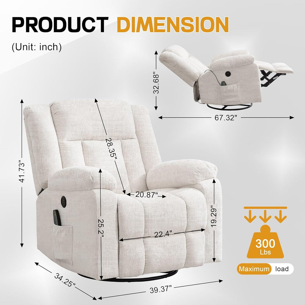 Fauteuil à bascule pour adulte, fauteuil inclinable coulissant, fauteuil à bascule rotatif à 360° avec fonction massage et chauffage