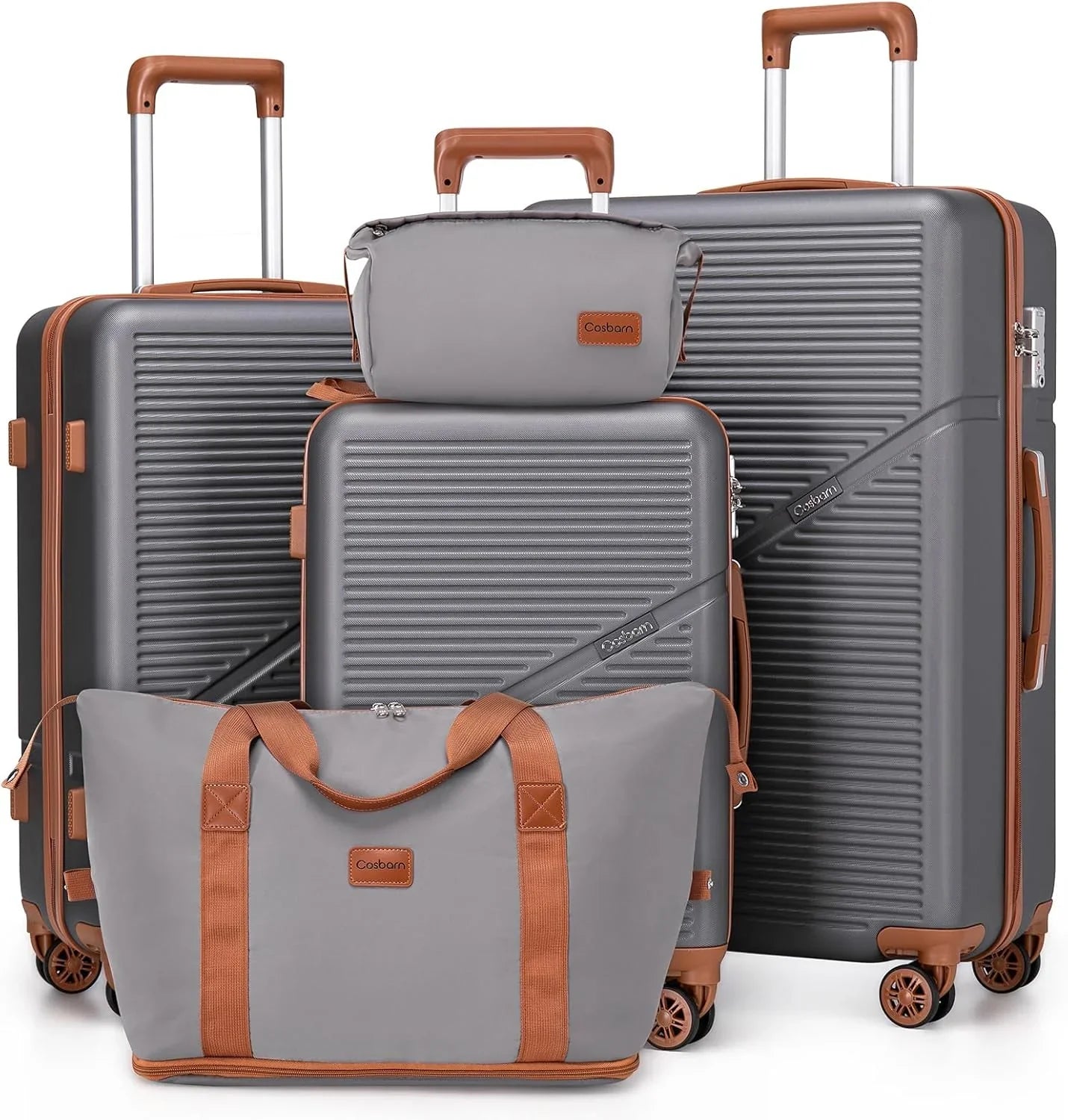 Ensemble de 5 valises à roulettes pivotantes, valises rigides en ABS avec serrure TSA, valise de voyage légère et étanche, unisexe, gris