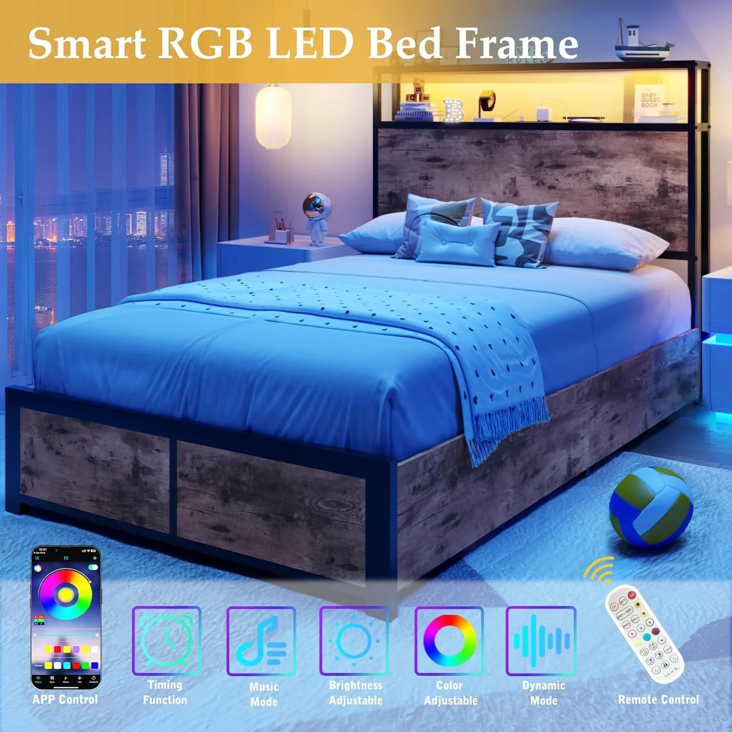 Cadre de lit Queen Lifezone avec tête de lit double et plateau de rangement en métal