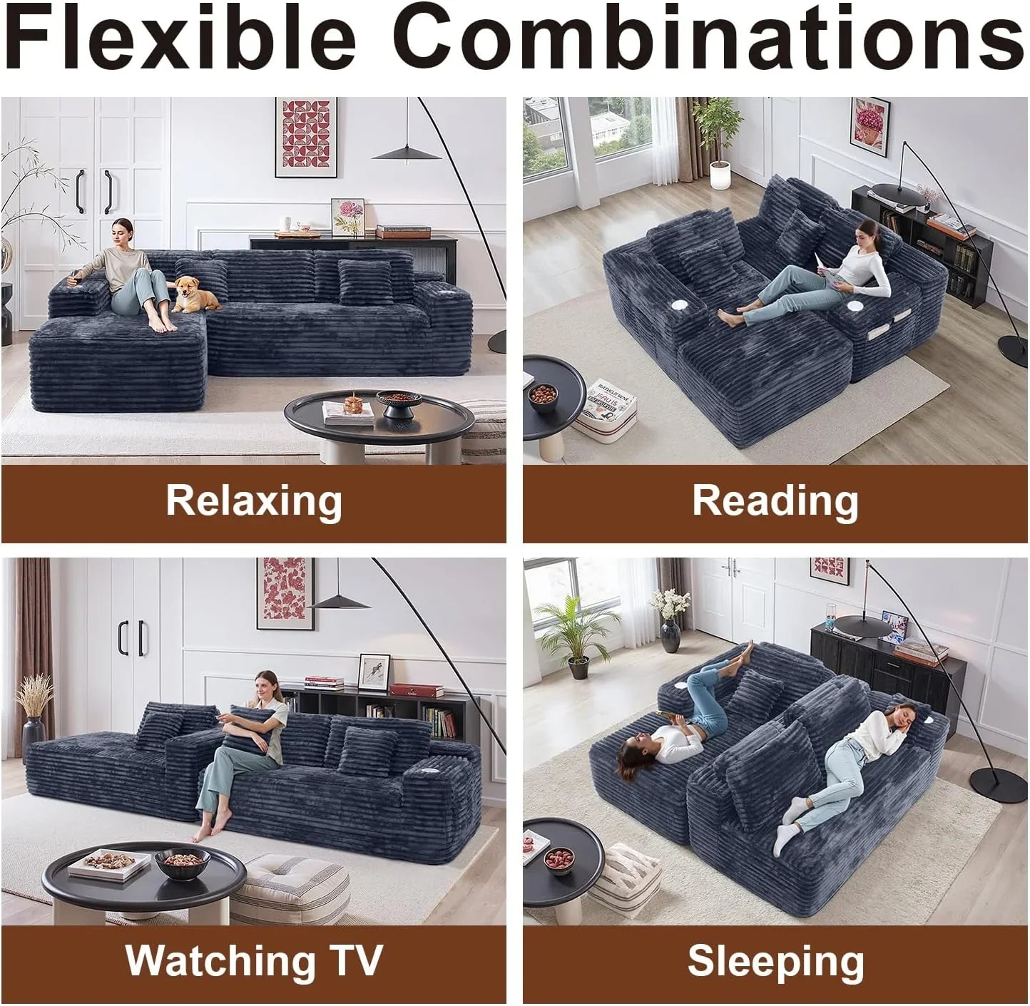 Cloud section sofa with L-shaped recliner, modern modular sofa, built-in cup holder