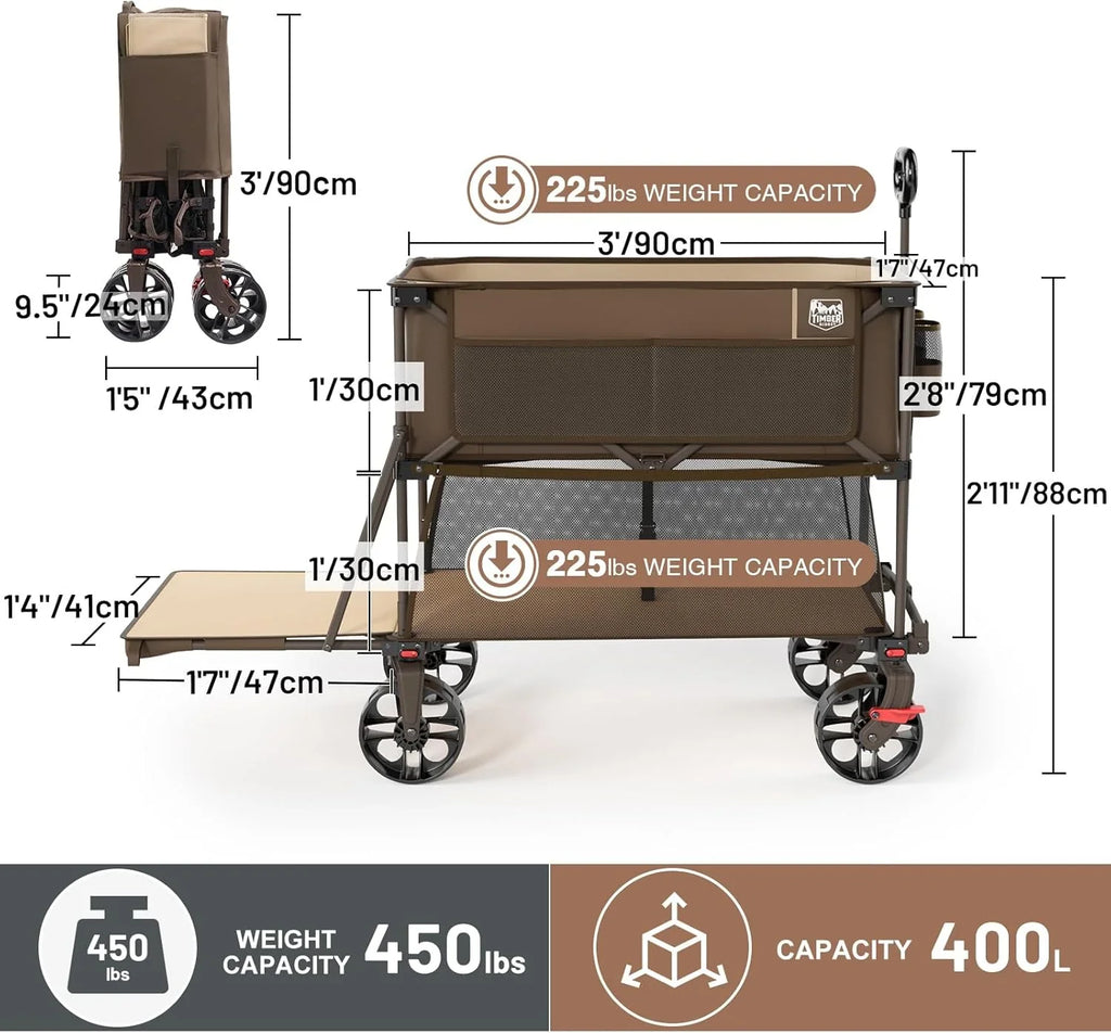 Chariot pliable à deux étages de grande capacité de 400 L avec freins, chariot extra-long de 54 pouces, chariot pliable robuste de 450 livres