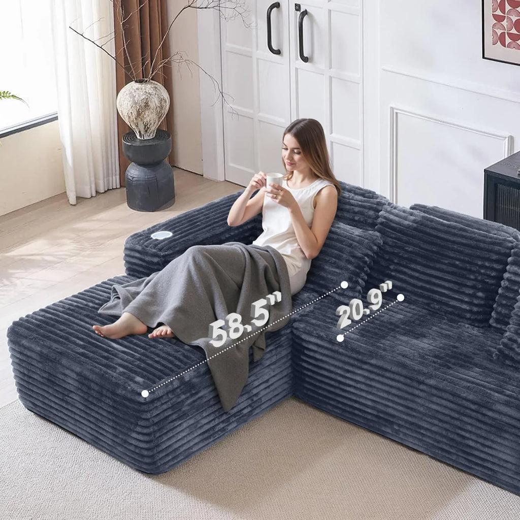 Cloud section sofa with L-shaped recliner, modern modular sofa, built-in cup holder