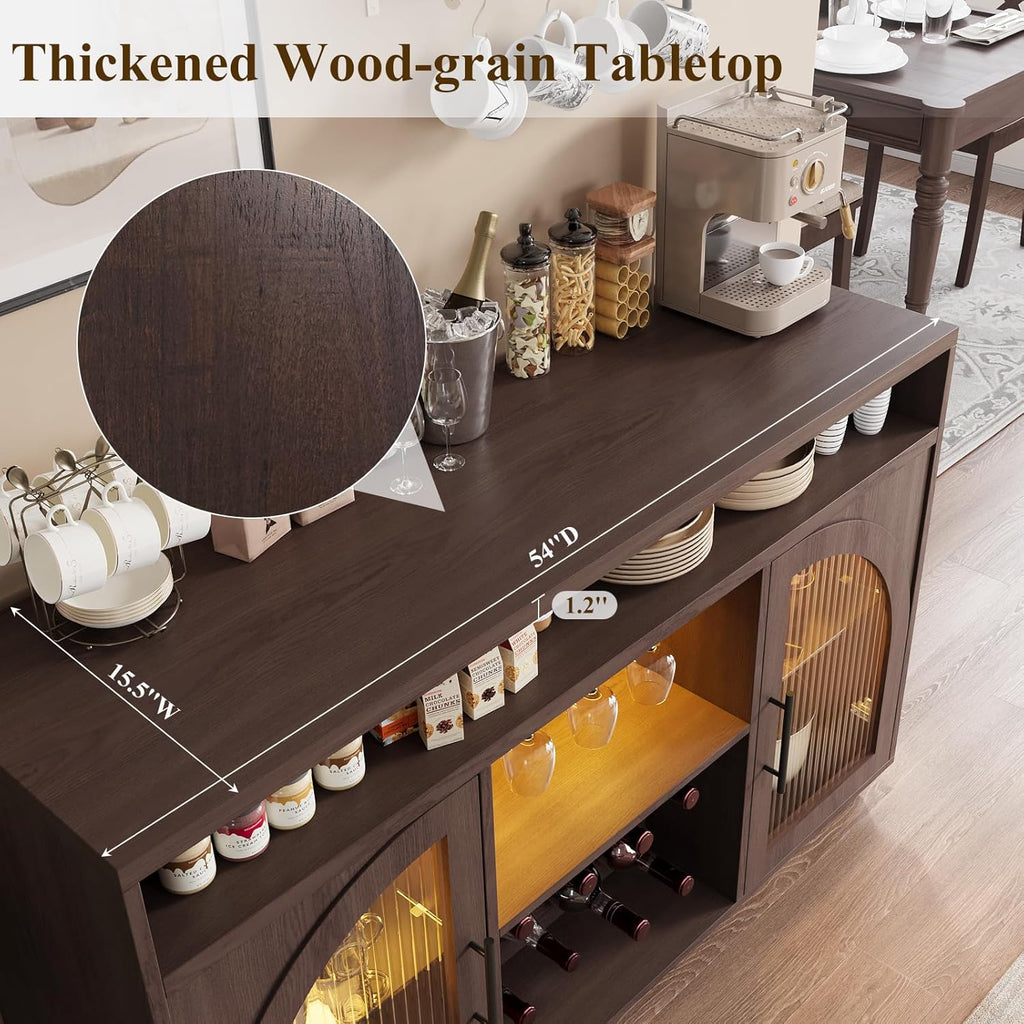 Buffet, armoire de cuisine de 54 pouces avec lumières LED et portes en verre cintrées, armoire de bar haute