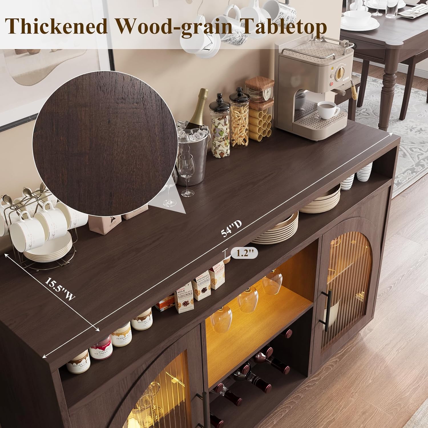 Buffet, armoire de cuisine de 54 pouces avec lumières LED et portes en verre cintrées, armoire de bar haute