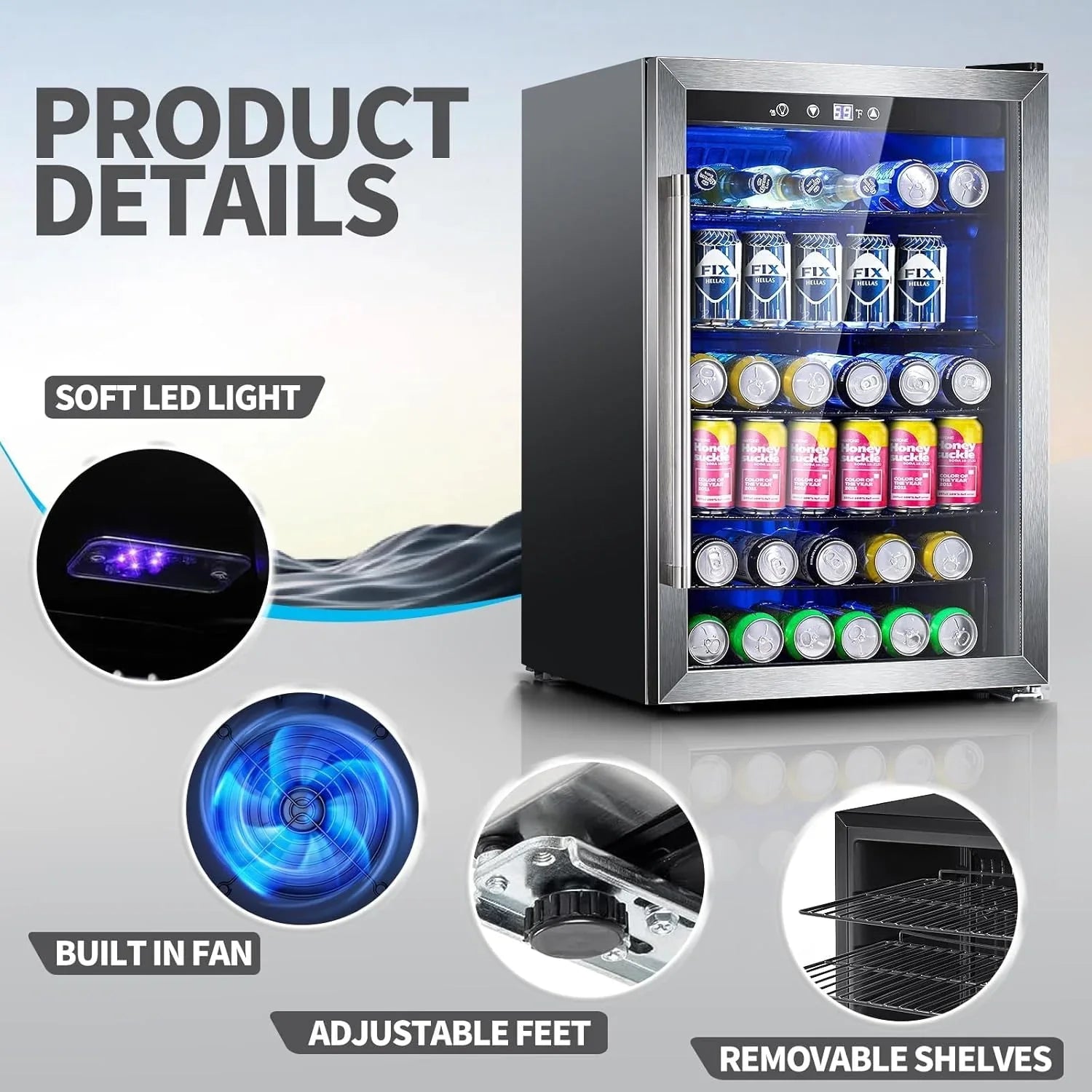 Réfrigérateur à boissons NJStar 68 canettes, mini-réfrigérateur à porte vitrée pour bière, boissons et vin, petit réfrigérateur autonome