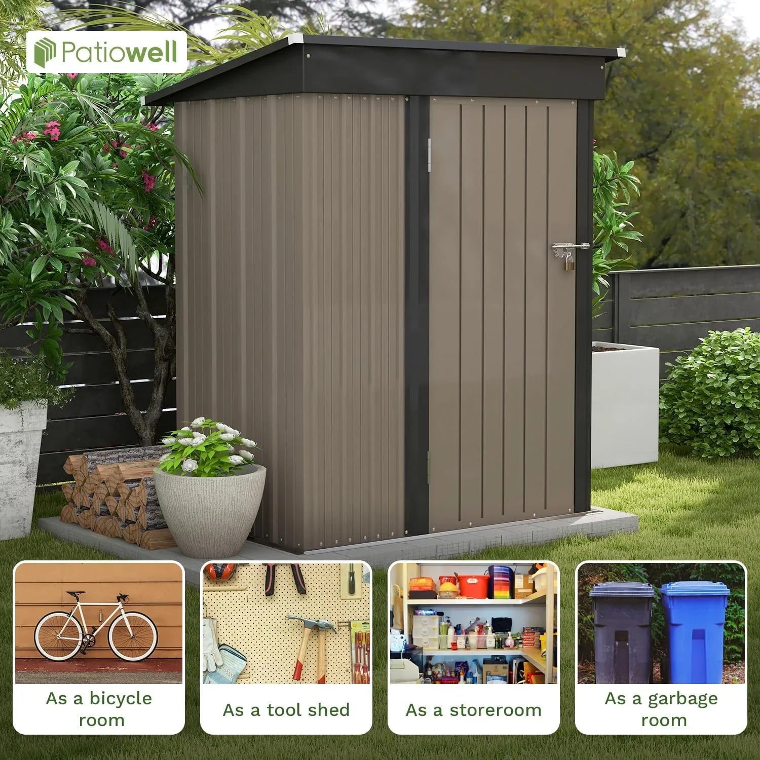 Patiowell Abri de rangement extérieur 5 x 3 pi, abri à outils avec toit en pente et porte verrouillable