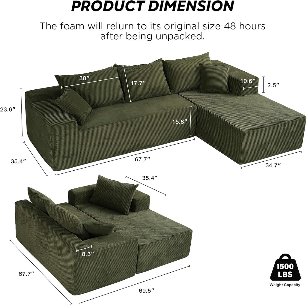 Cloud sofa with L-shaped lounge chair, modern modular sofa with deep seats