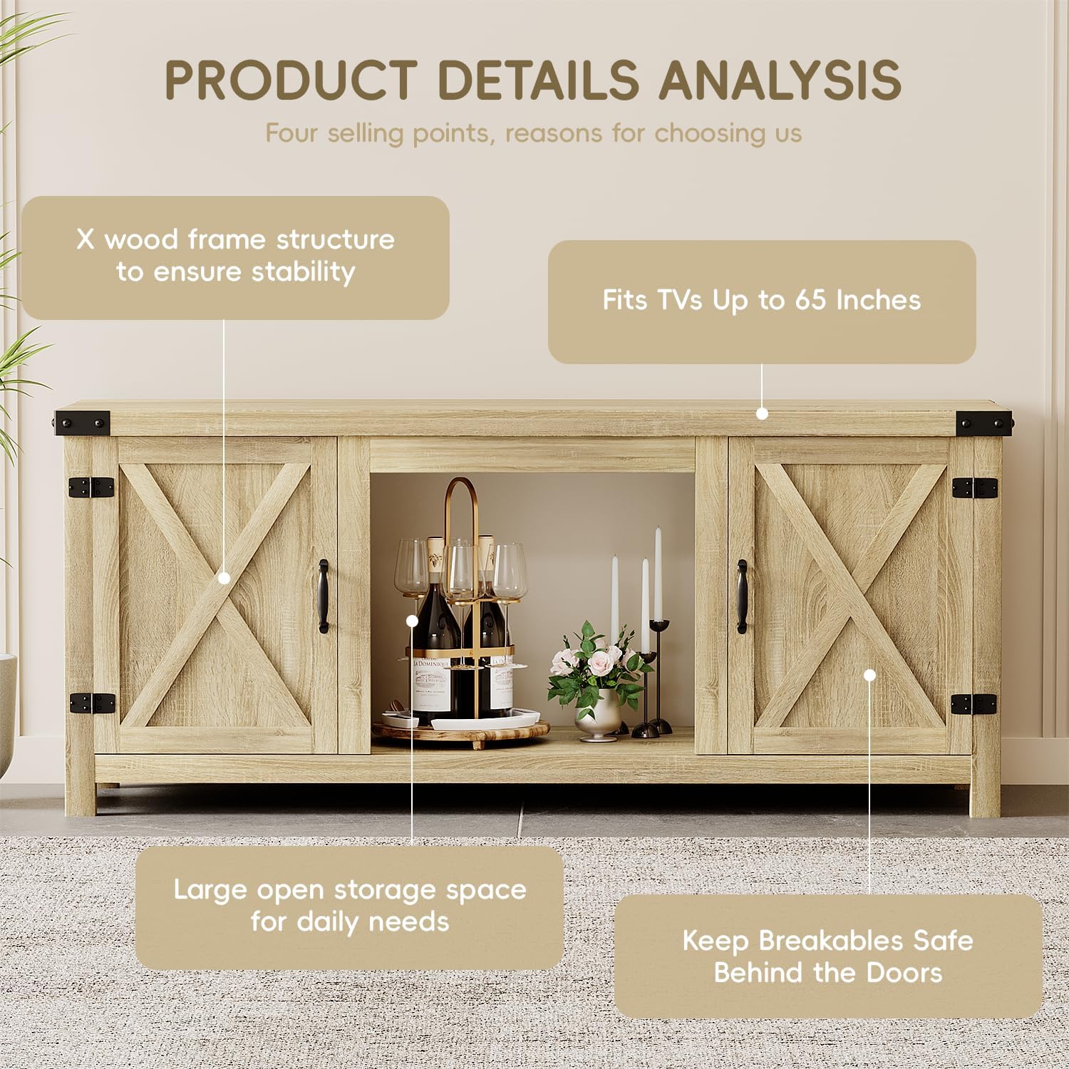 YESHOMY tv-meubel met open haard en twee schuifdeuren, opbergkasten voor tv's tot 65 inch en groter, entertainmentmeubel, mediameubel voor de woonkamer, 58 inch 