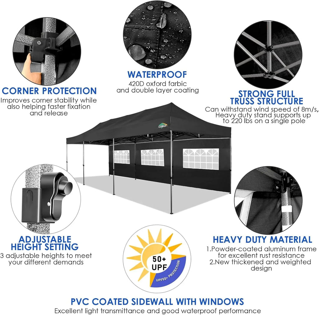 Tente pop-up robuste COBIZI 10x20 avec 6 parois latérales, facile à installer