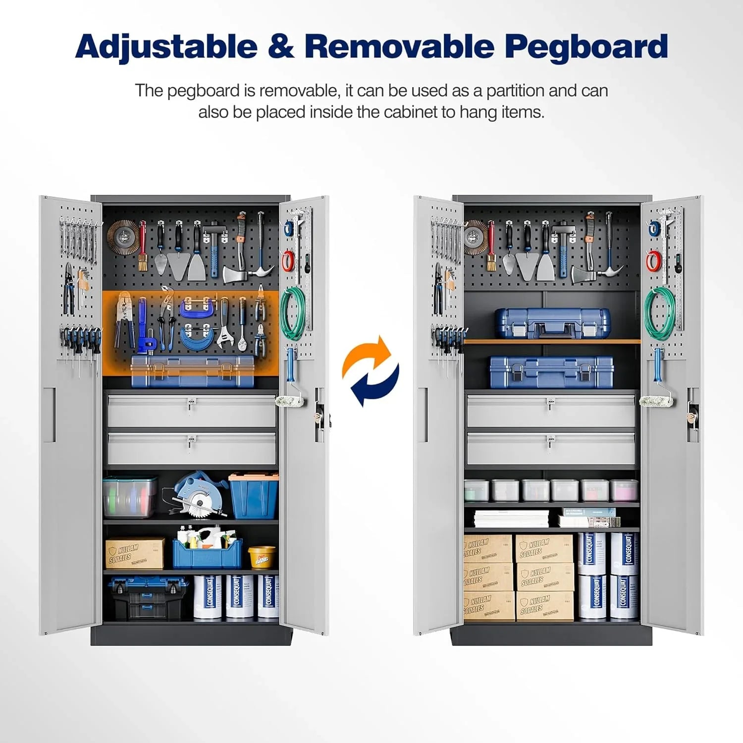 Armoire de rangement de garage en métal Yizosh avec portes verrouillables et 2 tiroirs, armoire à outils robuste en acier avec panneau perforé, 71" - Armoires verrouillables