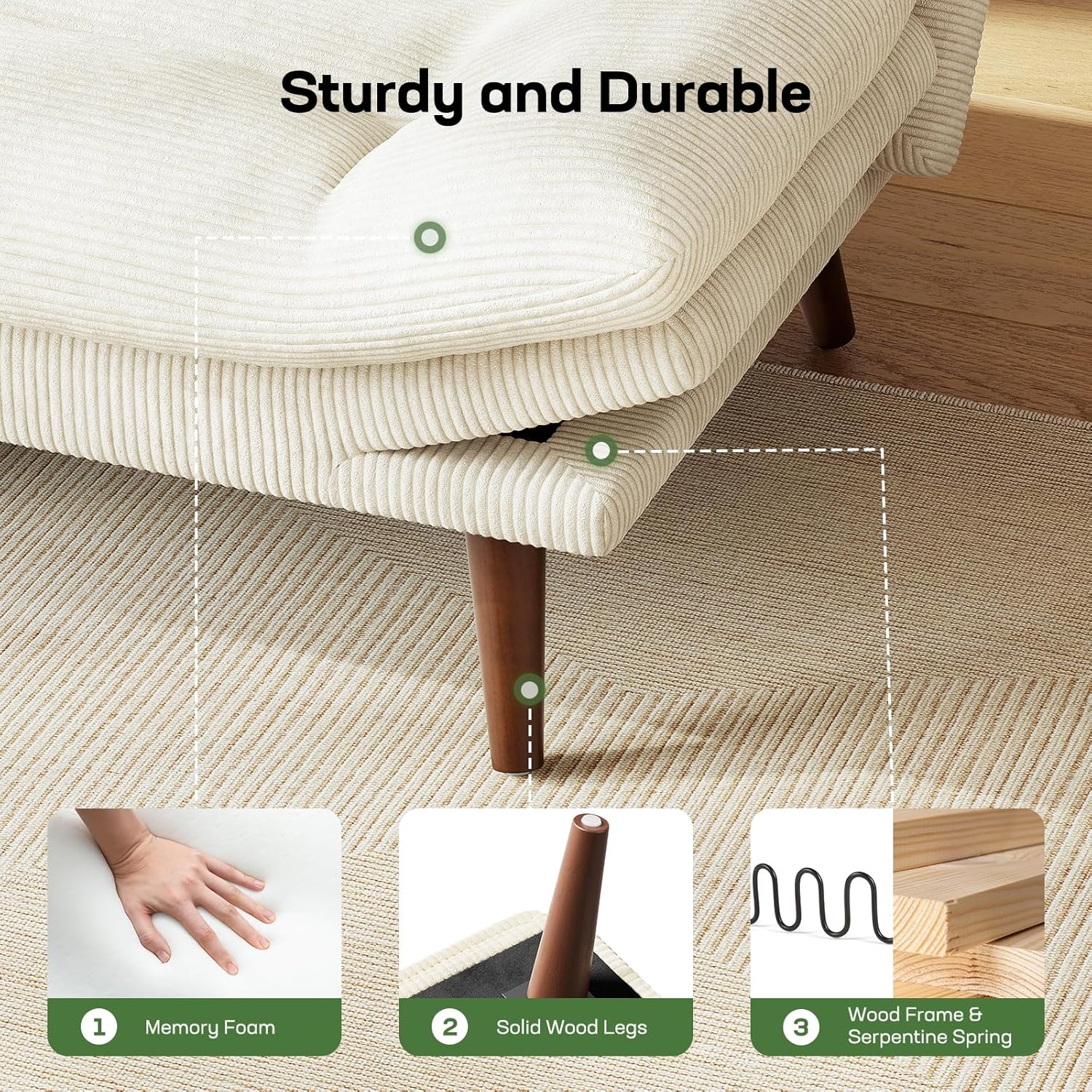 Canapé-lit futon, canapé futon avec dossier et accoudoirs réglables, convertible en petit canapé-lit causeuse en velours côtelé vert