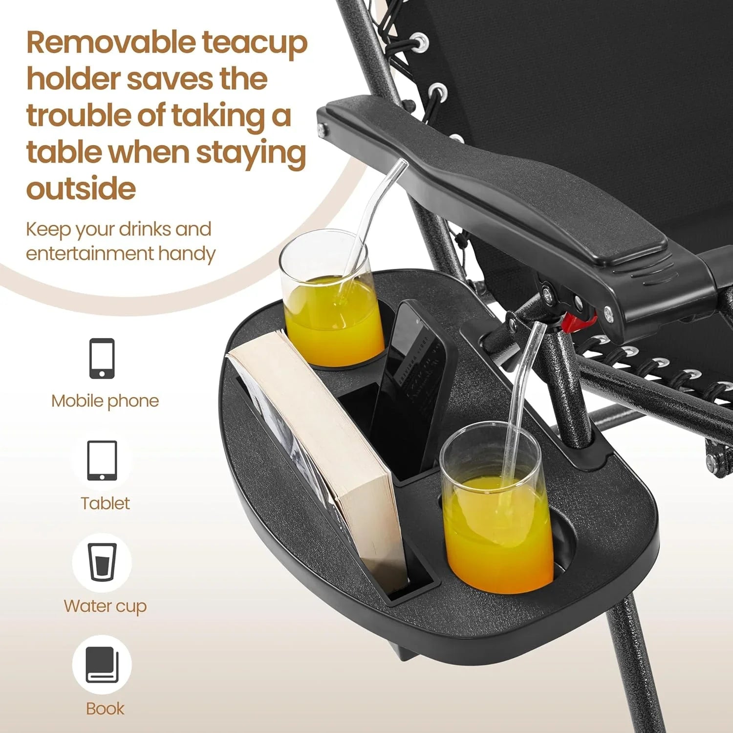 Ensemble de 3 chaises inclinables portables d'extérieur à gravité zéro avec table d'appoint et chaises longues pliantes