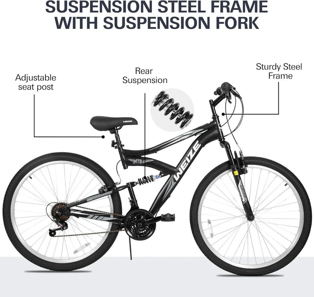 Vélo de montagne WEIZE, vélo hybride d'extérieur 26-27,5 pouces, 18 vitesses/acier à haute teneur en carbone/double suspension complète