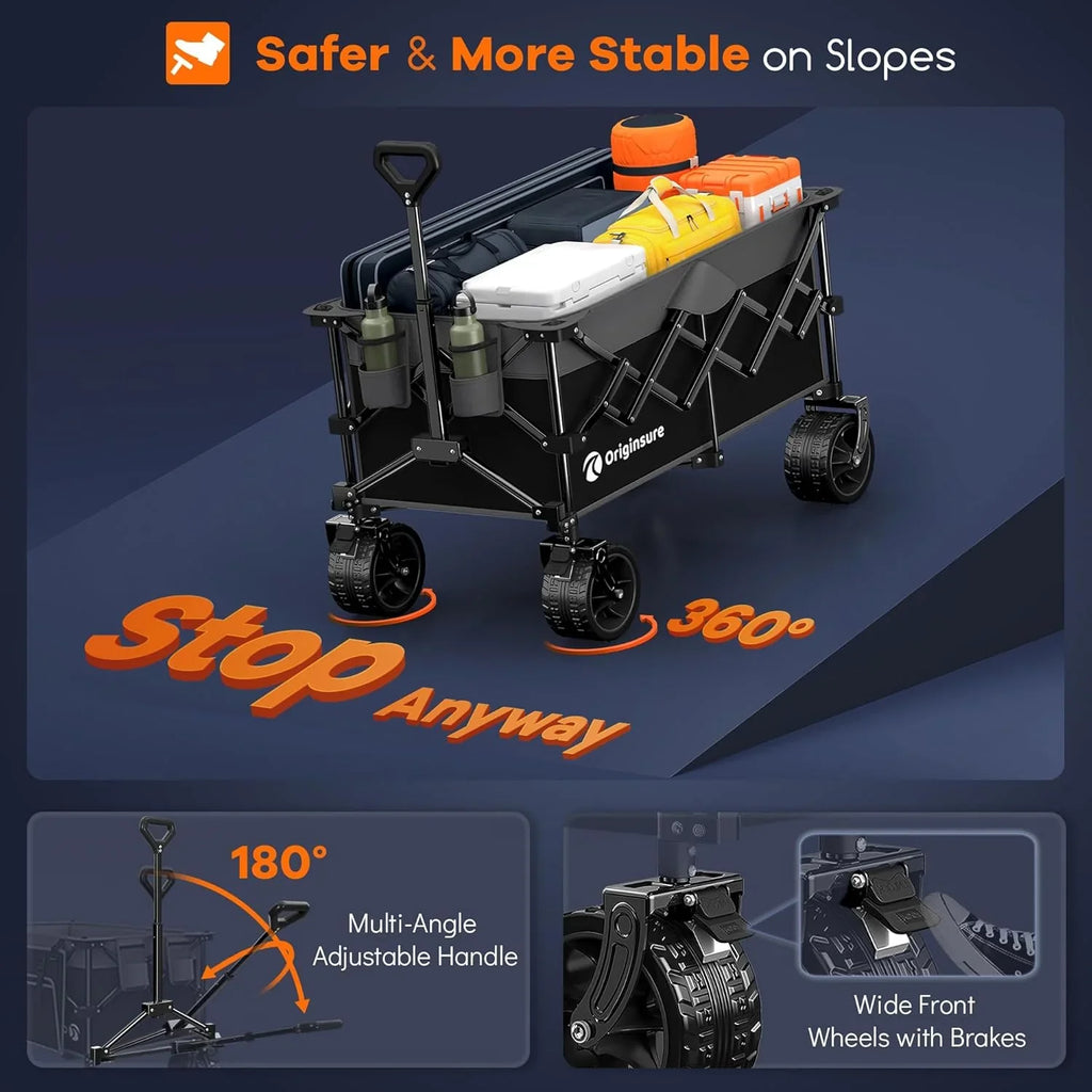 Poussette pliable à quatre roues de 96 cm de long, pliable, capacité de 200 kg, poussette de plage pliable robuste de 220 litres avec de grands pneus tout-terrain