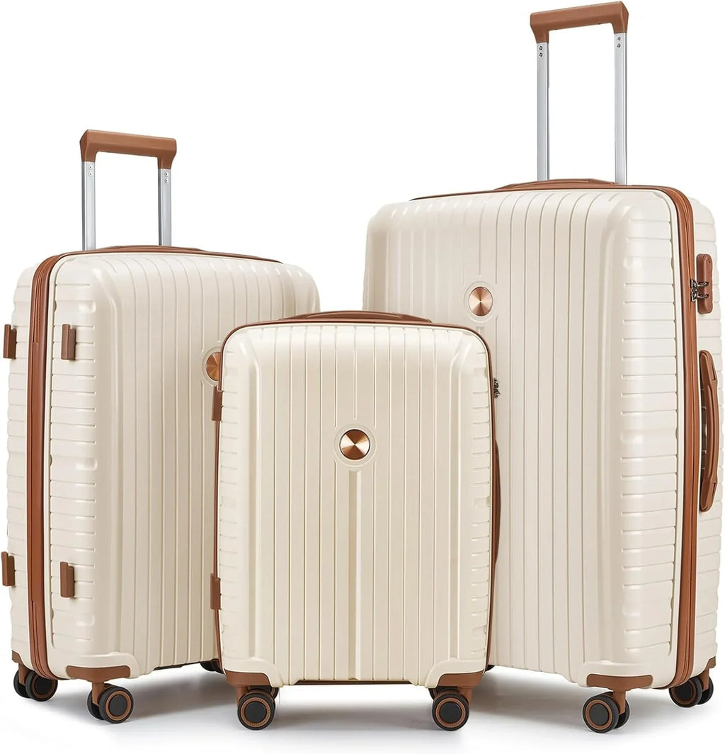 Ensemble de 5 valises de voyage légères à coque rigide en PP avec deux roulettes pivotantes et serrure TSA