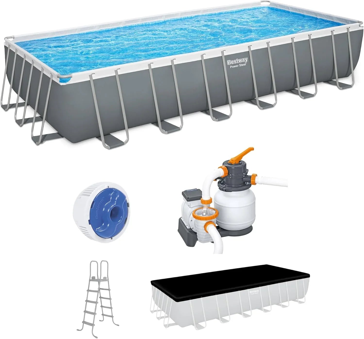 Piscine hors sol ovale Power Steel 4,3 m x 2,4 m x 100 cm | Comprend une pompe de filtration de 2070 litres, une échelle et un distributeur ChemConnect.