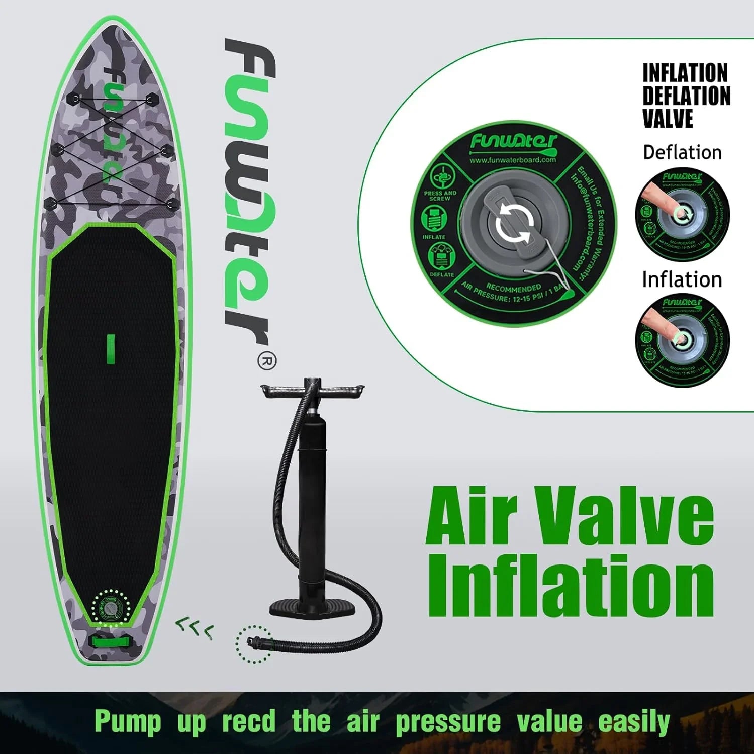 Planche de stand up paddle gonflable FunWater avec accessoires de pagaie SUP haut de gamme, pont EVA antidérapant, pagaie 11'/10'6'